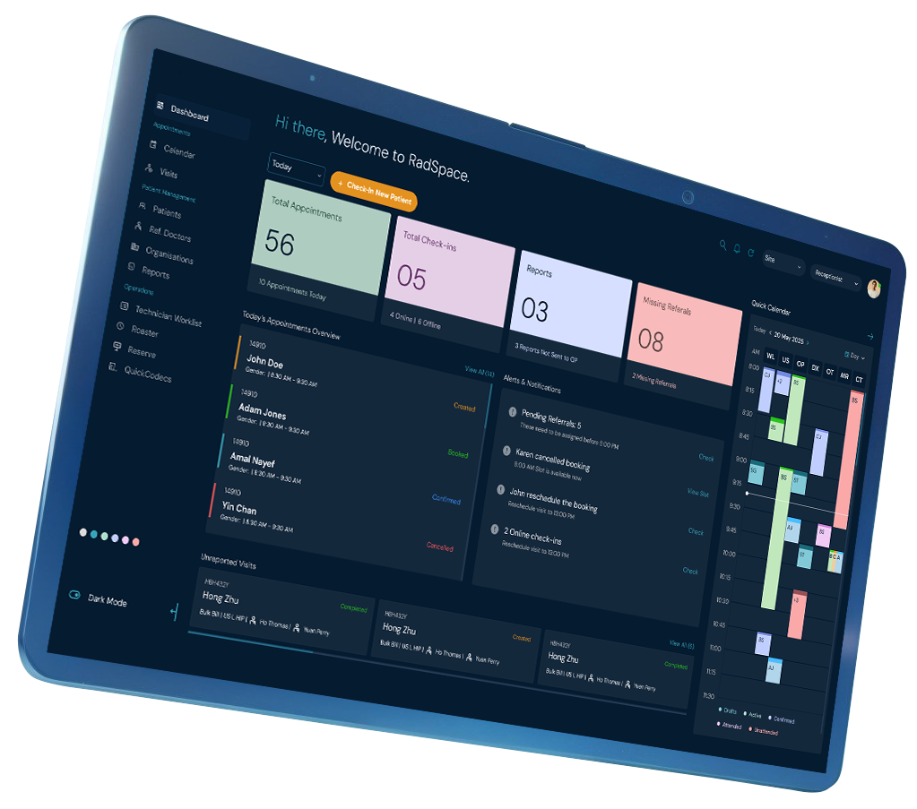 Clarity Suite radiology practice dashboard on a tablet